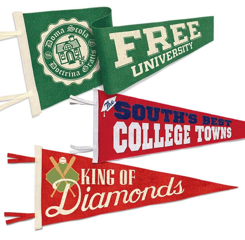 illustration of Not penne, not pennies. Pennants. Three assignments.
CLIENTS: Popular Science, Southern Living, Texas Monthly.
ART DIRECTORS: Matt Cokeley, Richie Swann, Andi Beierman.
baseball, education, teams, free, college, southern, graduation, university, college towns
