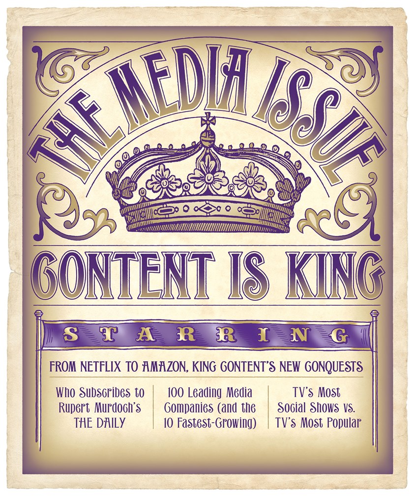 illustration of CLIENT: Advertising Age magazine. ART DIRECTOR: Jesper Goransson
Keywords: Media, companies, 100, gold, purple, king, crown, parchment, TV, television, 19th century, 1800s, 1900s, flourishes, typography