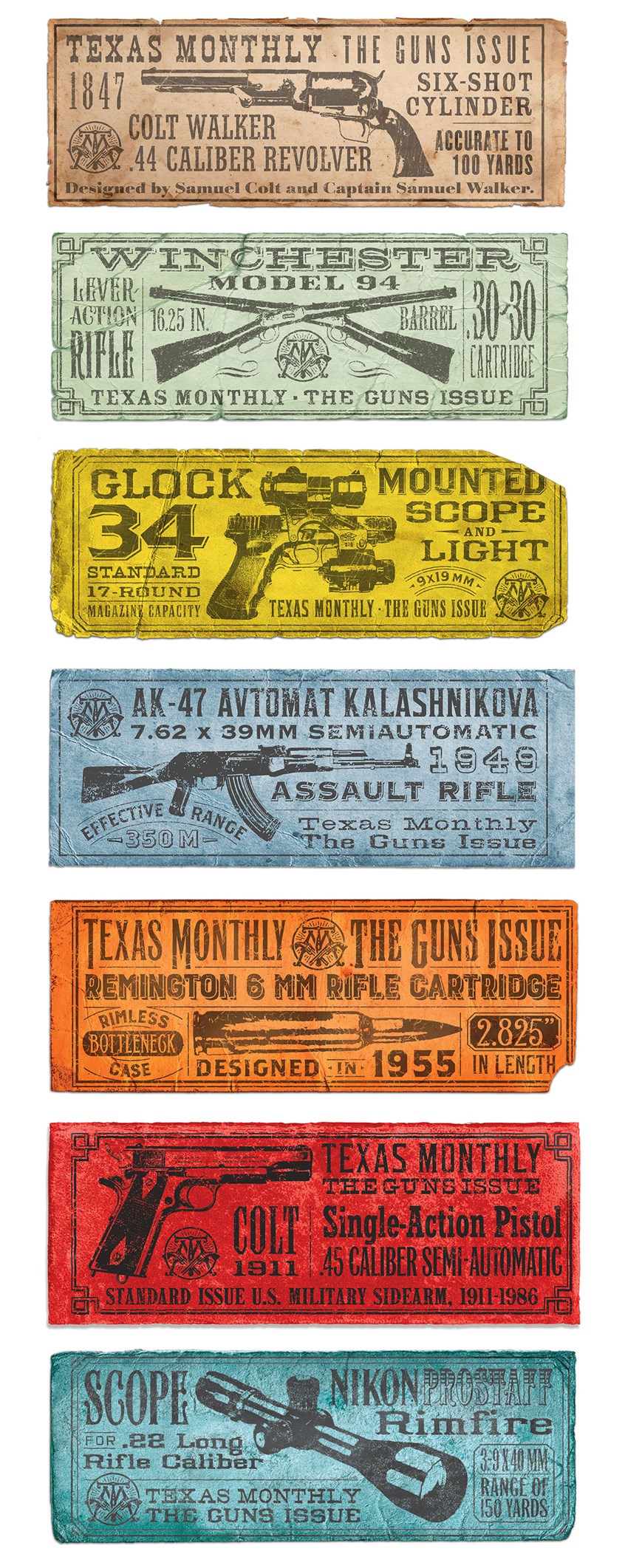 illustration of My love of type outgunned my pacifism when I was commissioned to create a set of vintage label illustrations for Texas Monthly's special Guns Issue. You could say I bit the bullet.
CLIENT: Texas Monthly. ART DIRECTOR: TJ Tucker
guns, ammunition, labels, vintage, retro, type design, lettering, 19th century, 1800s, 1900s, distressed