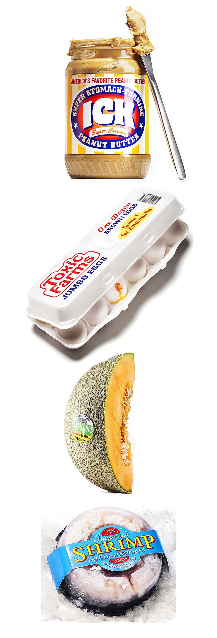 illustration of A series of fictional food label illustrations for an article titled