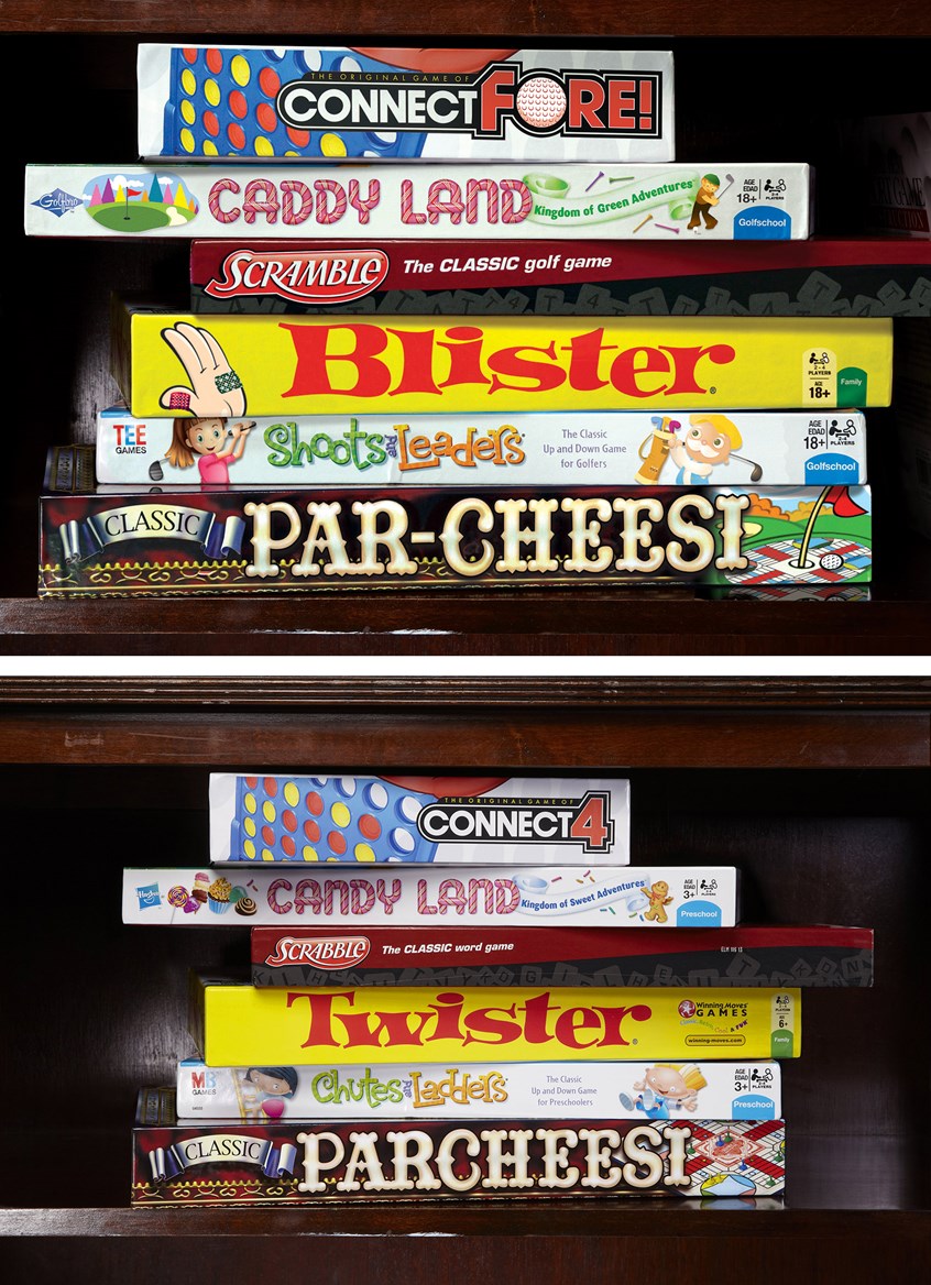 illustration of Classic board game graphics, golf style. I was asked to change Candy Land to Caddy Land, Twister to Blister, etc. Photoshop magic! CLIENT: Golf magazine. ART DIRECTOR: Paul Crawford.
Golf, games, board games, game board, fun