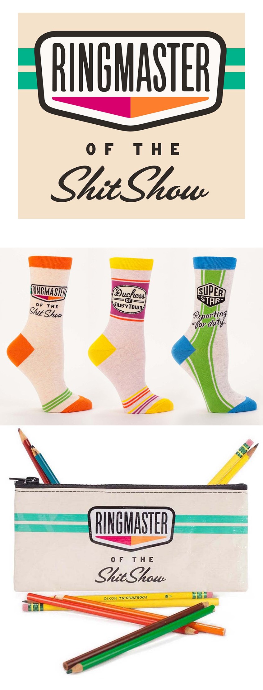 illustration of Ringmaster of the Shit Show, Duchess of Sassytown and Super Star Reporting For Duty phrases provided to me by the client. Vintage petroleum logos was the general direction I was given. I designed this series of three socks. Shit Show :-) was later applied to a pencil case and coming soon it will be applied on a trucker hat! CLIENT: BLUEQ. ART DIRECTOR: Mitch Nash.
sassy, irreverent, fun, socks, apparel, footwear, clothing