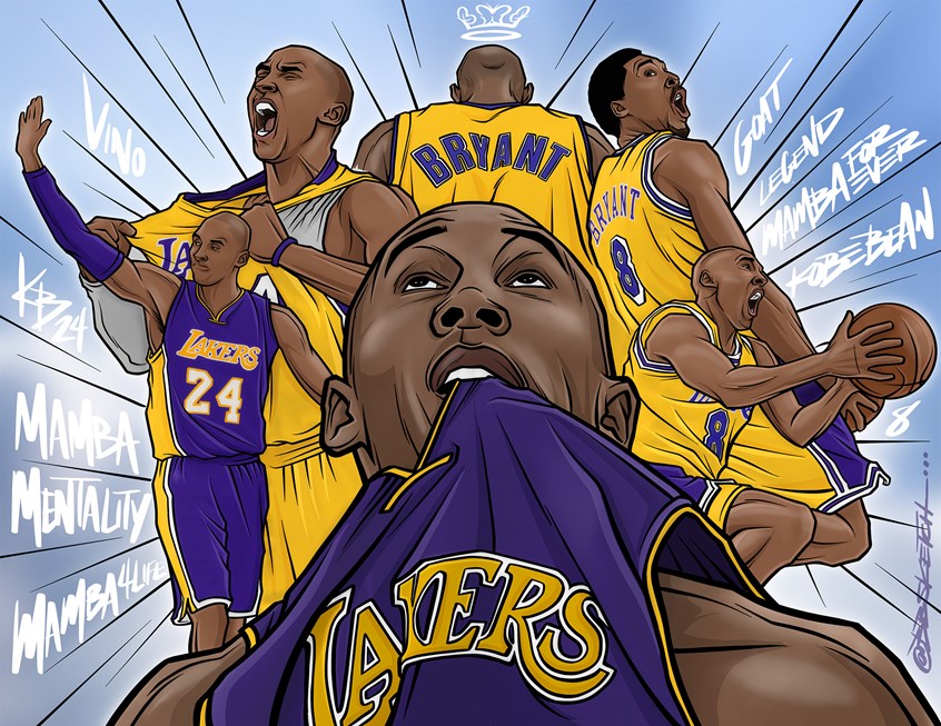 illustration of Illustration of the late, great Kobe Bryant of the Los Angeles Lakers (NBA) | Portrait collage includes young Kobe