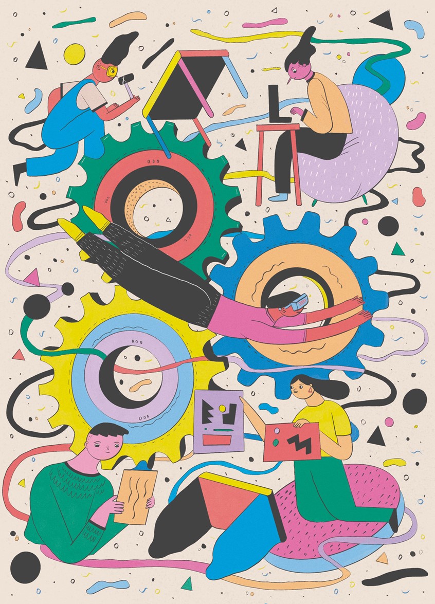 illustration of Illustration for an article in the Avianca´s magazine about the Google design lab, where industrial designers, artists, and sculptors are free to collaborate.
artist, design, designers, google, industrial design, industrial, work, people, think, collaboration, office, fix, computer, technology, engineering, editorial, magazine, tools, color, vibrant, colorful