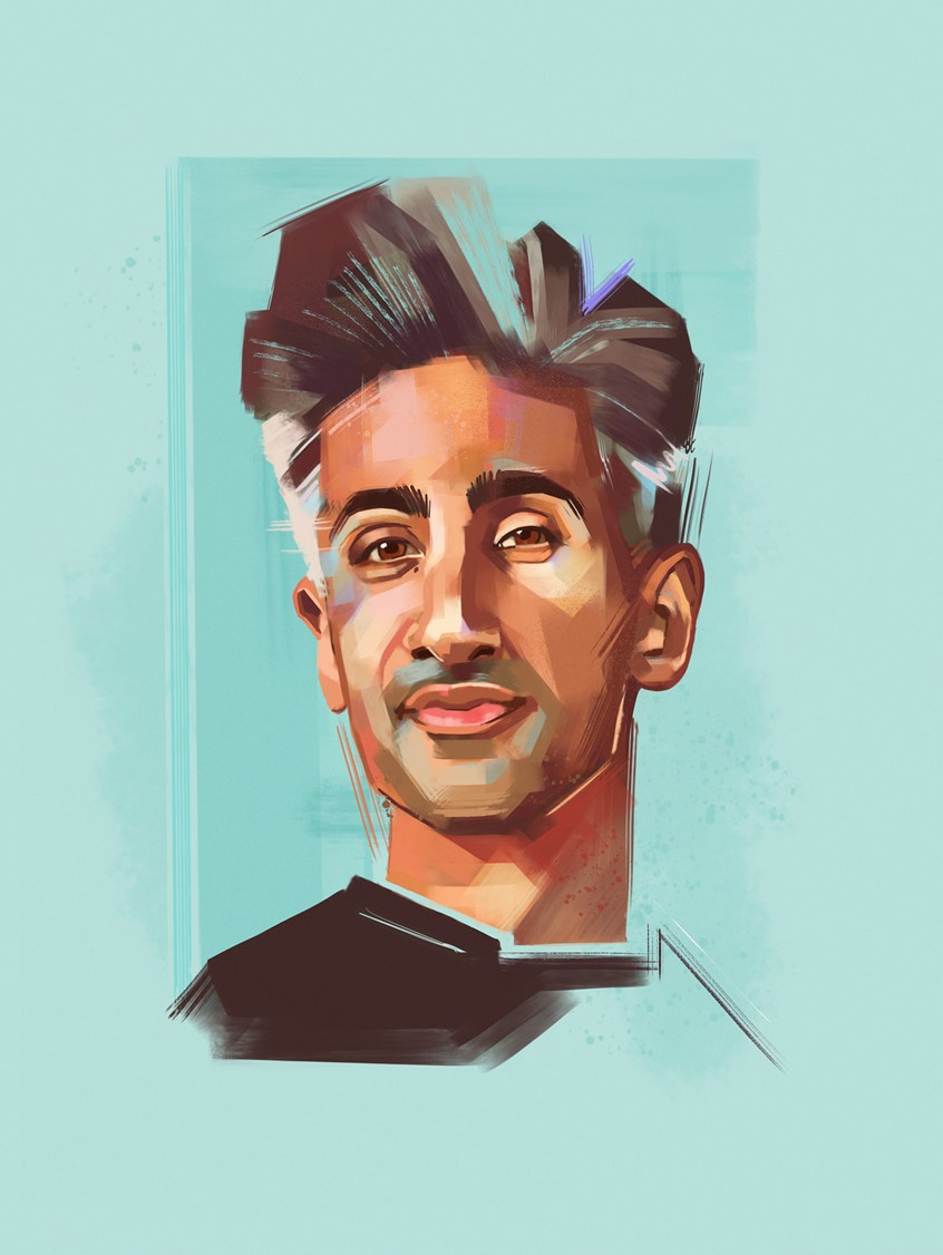 illustration of Illustration of Tan France, one fifth of the Queer Eye team. Part of a set of five.
Green, Mint, Teal, Turquoise, Black, Face, Head, Portrait, LGBTQ, Gay Icon, Brushstrokes, Lines, Colorful, Colourful, Painting, Fashion, Television, TV, Entertainment, Eye, Mouth, Hair