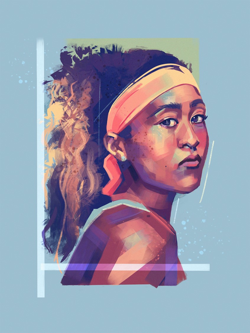 illustration of Illustration of Naomi Osaka, tennis player, in celebration of her Australian Open 2019 win. Part of a set of two.
Blue, Yellow, Portrait, Face, Head, Woman, Female, Athlete, Sports, American, Japanese, Brushstrokes, Lines, Colorful, Colourful,