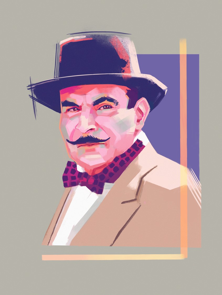 illustration of Agatha Christie's Hercule Poirot, as played by actor David Suchet.
Grey, Purple, Orange, Brown, Portrait, Face, Head, Man, Male, English, Television, TV, Murder Mystery, Detective, Literature, Brushstrokes, Lines, Colorful, Colourful,