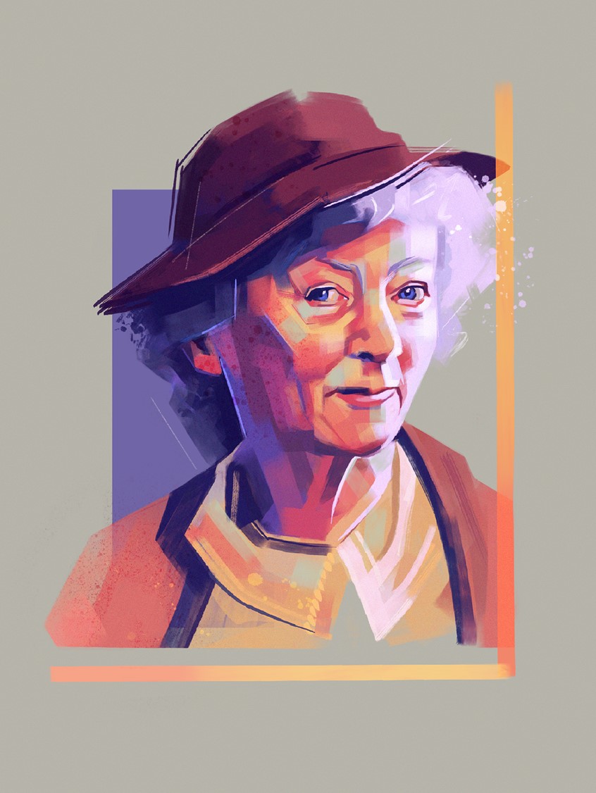illustration of Agatha Christie's Miss Marple, as played by actress Geraldine McEwan. Part of a set of two.
Grey, Purple, Orange, Brown, Portrait, Face, Head, Woman, Female, English, Television, TV, Murder Mystery, Detective, Literature, Brushstrokes, Lines, Colorful, Colourful,