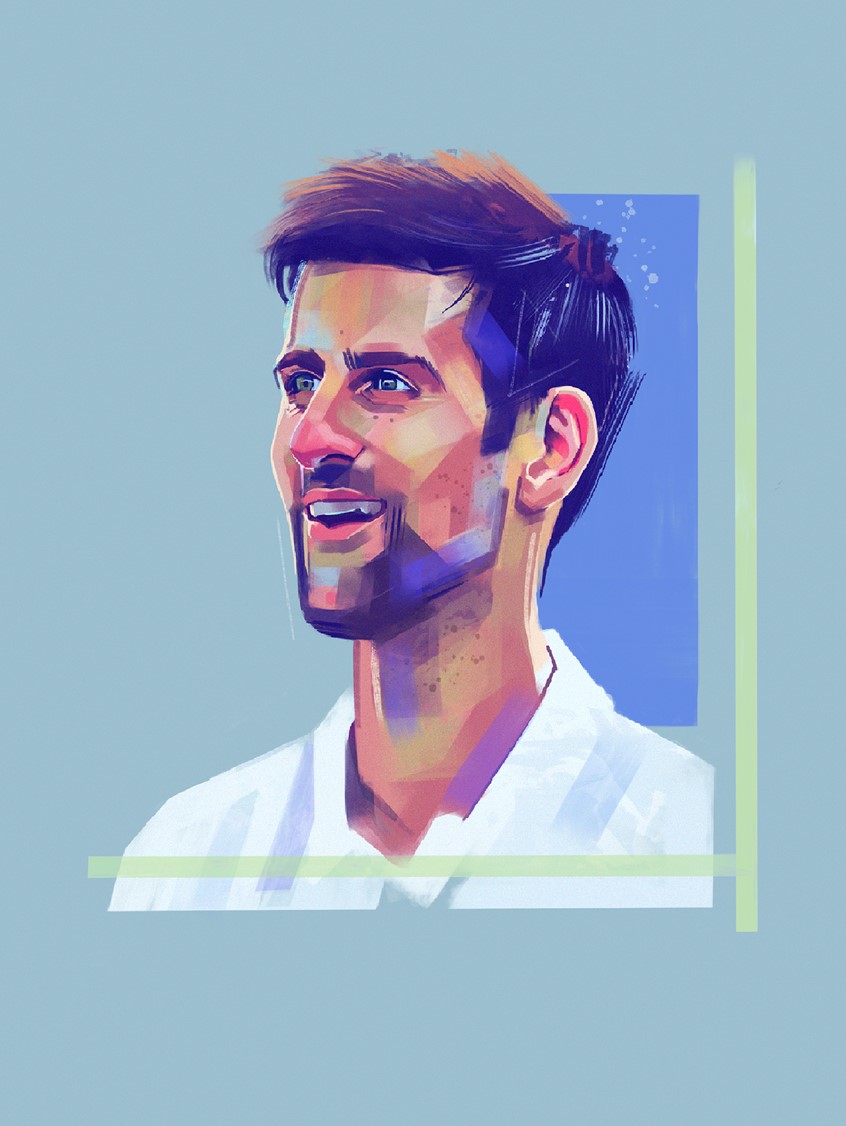 illustration of Illustration of Novak Djokovic, tennis player, in celebration of his Australian Open 2019 win. Part of a set of two.
Blue, Green, Purple, Portrait, Face, Head, Man, Male, Athlete, Sports, Serbian, Brushstrokes, Lines, Colorful, Colourful,