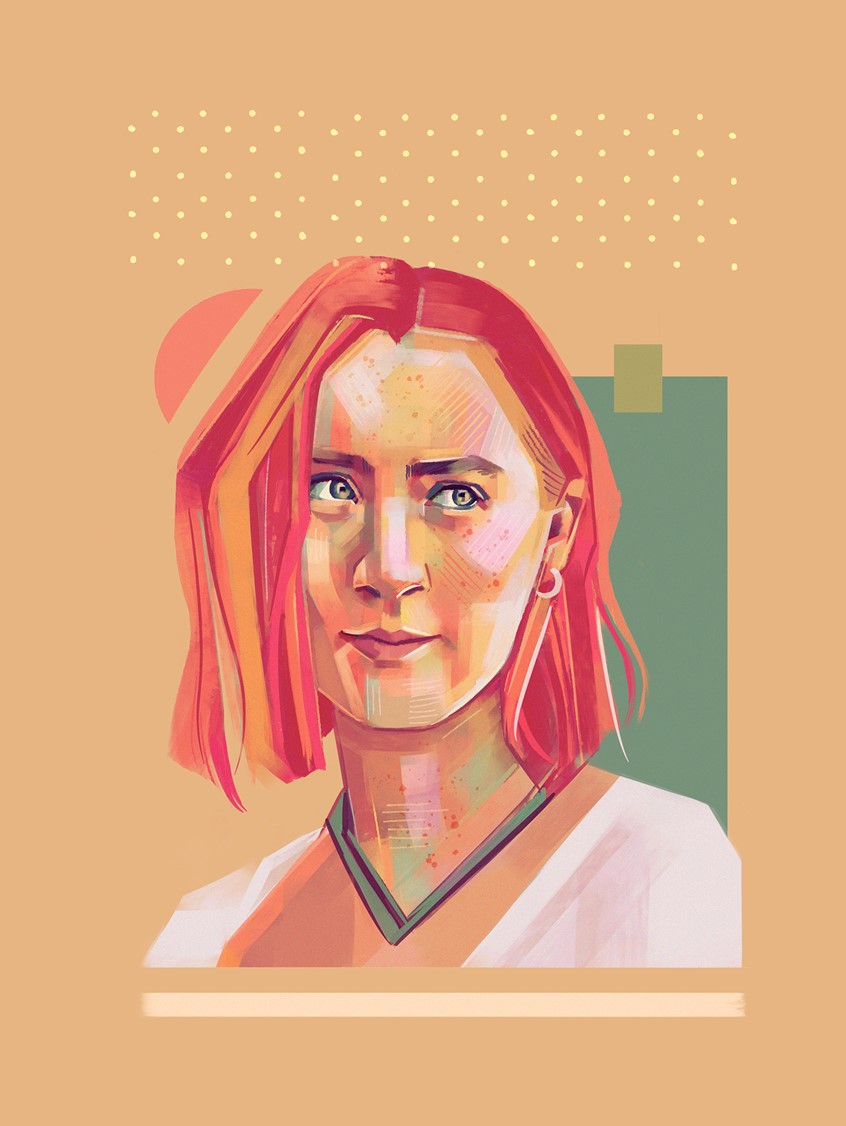 illustration of Illustration of Saoirse Ronan's character, Christine, in Greta Gerwig's film, Lady Bird.
Portrait, Head, Face, Orange, Red, Green, Shapes, Girl, Woman, Female, Teenager, Film, Hollywood, Indie, Brushstrokes, Lines, Colorful, Colourful, Eye, Mouth, Hair