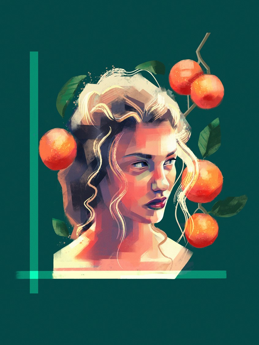 illustration of Fashion illustration, celebrating the orange.
Green, Orange, Orange Juice, Leaf, Tree, Foliage, Light, Orchard, Fashion, Portrait, Female, Woman, Girl, Beauty, Hair, Face, Head,