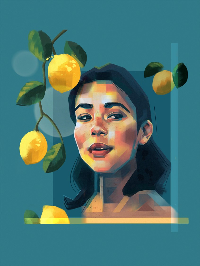 illustration of Fashion illustration, celebrating the lemon.
Blue, Yellow, Leaf, Tree, Foliage, Light, Orchard, Fashion, Portrait, Female, Woman, Girl, Beauty, Hair, Face, Head, Lines, Brushstrokes, Colorful, Colourful,