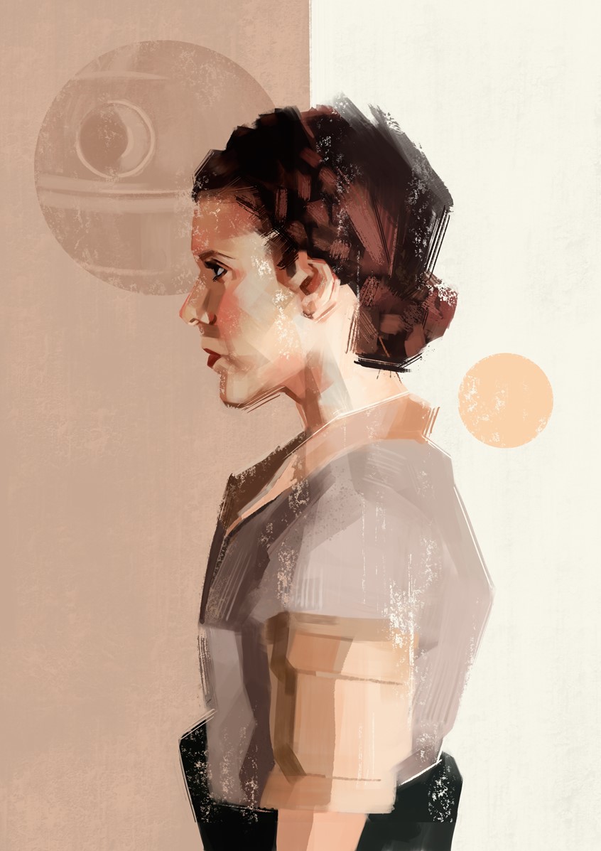 illustration of Illustration of Leia Organa, portrayed in the film, Return of the Jedi, 1983. The composition demonstrates her choice between light and dark, her father's world on the left, and the sun representing her brother Luke on the right.
Orange, Brown, Pink, Film, Pop Culture, Profile, Star Wars, Portrait, Face, Brushstrokes, Lines, Colorful, Colourful, Sun, Space, Fashion, Icon, Woman, Female, Princess