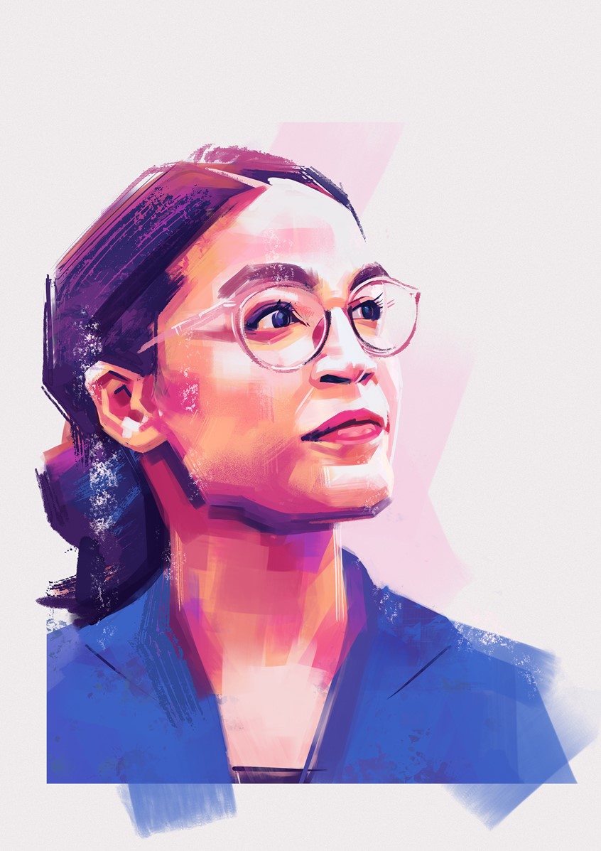 illustration of Illustration of Alexandria Ocasio Cortez, of the United States Congress.
Purple, Orange, Pink, Blue, Portrait, Face, Head, Woman, Female, American, Politics, Political, Latina, Latino, Feminism, Brushstrokes, Lines, Colorful, Colourful,