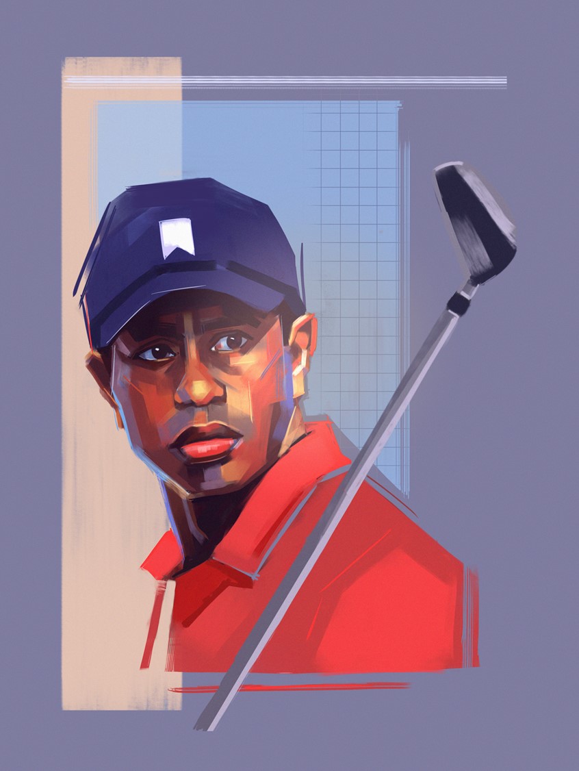 illustration of Illustration of Tiger Woods.
Blue, Purple, Red, Portrait, Face, Head, Man, Male, Athlete, Sports, Golf, American, African American, Brushstrokes, Lines, Colorful, Colourful,