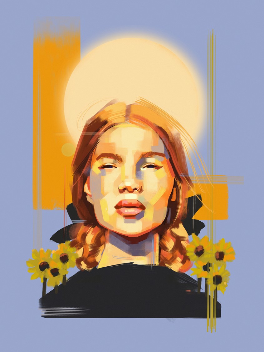 illustration of Illustration inspired by the last days of summer, before the change to Autumn.
Blue, Orange, Yellow, Black, Flower, Sun, Sunset, Sunrise, Portrait, Woman, Girl, Female, Fashion, Beauty, Brushstrokes, Lines, Colourful, Colorful,