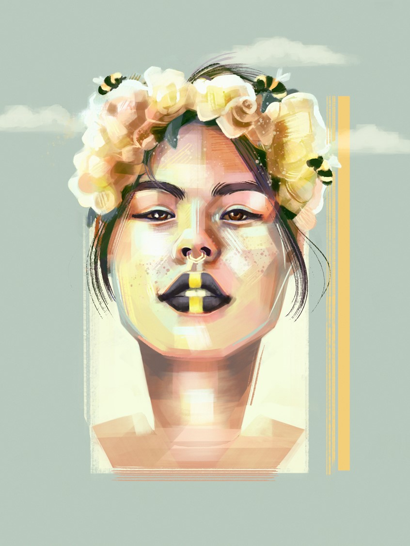 illustration of A conceptual fashion illustration inspired by the loss of the bee from its native habitat.
Green, Yellow, Honey, Bee, Flower, Leaf, Cloud, Portrait, Woman, Girl, Female, Head, Face, Eye, Hair, Mouth, Fashion, Beauty, Lines, Brushstrokes, Colorful, Colourful,