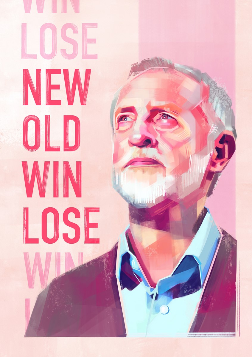 illustration of Illustration of Jeremy Corbyn, former leader of the British Labour Party.
Brown, Blue, Grey, Portrait, Head, Face, Eye, Mouth, Hair, Clothes, Man, Male, Politics, Politician, English. British, Current Affairs, Lines, Brushstrokes, Painting, Colorful, Colourful