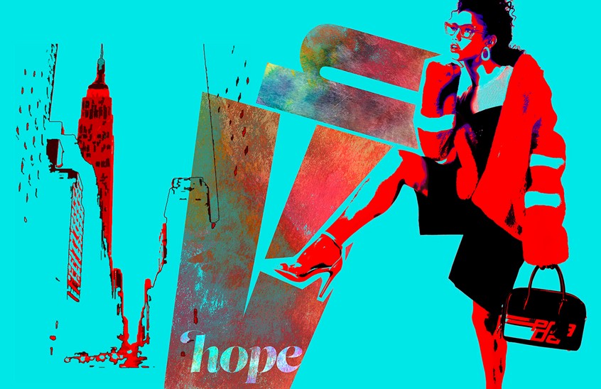 illustration of Digital mixed media: photographic manipulation & typographical illustration portrait of Vick Hope against Manhattan skyline. Fashion illustration, image manipulation, mixed media, pop art, graphic design, typography, lettering, editorial, advertising, flat colour, contemporary, art, artistic, lifestyle, abstract, sassy, stylish, beauty, trendy, modern, fresh, vibrant, exciting, digital art, artistic, poster design, print, illustrated, illustrative, collage, montage, cityscape, buildings, linear