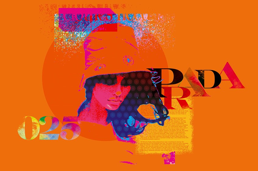 illustration of Digital mixed media: photographic manipulation & typographical illustration depicting Prada look.
fashion illustration now, image manipulation, mixed media, pop art, graphic design, stylish, typography, lettering, editorial, advertising, flat colour, contemporary, art, artistic, lifestyle, abstract, sassy, beauty, trendy, modern, fresh, vibrant, portrait, exciting, digital art, fashion artist, poster design, best illustration, print, illustrated, illustrative, collage, montage
