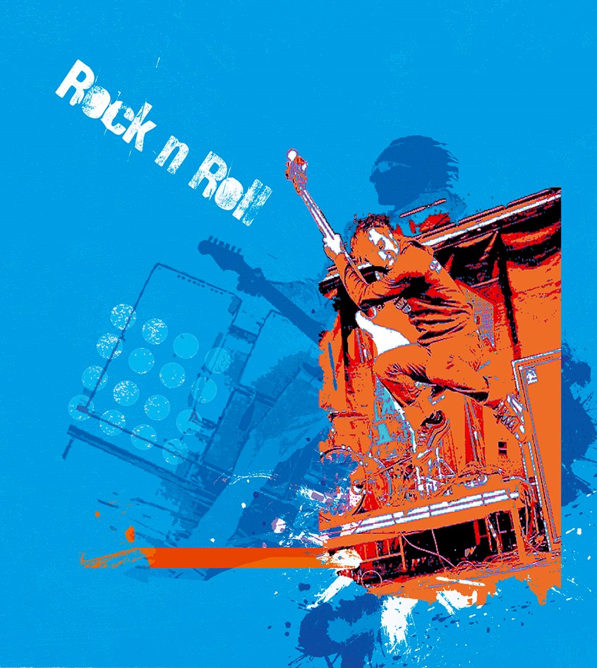 illustration of Digital mixed media: photographic manipulation & typographical illustration capturing a spirit of Rock n Roll with guitar. Image manipulation, mixed media, pop art, graphic design, typography, lettering, editorial, advertising, flat colour, contemporary, art, artistic, lifestyle, abstract, stylish, energy, energetic, rock n roll, guitar, music festival, trendy, modern, fresh, vibrant, exciting, digital art, artistic, poster design, best illustration, print, illustrated, illustrative