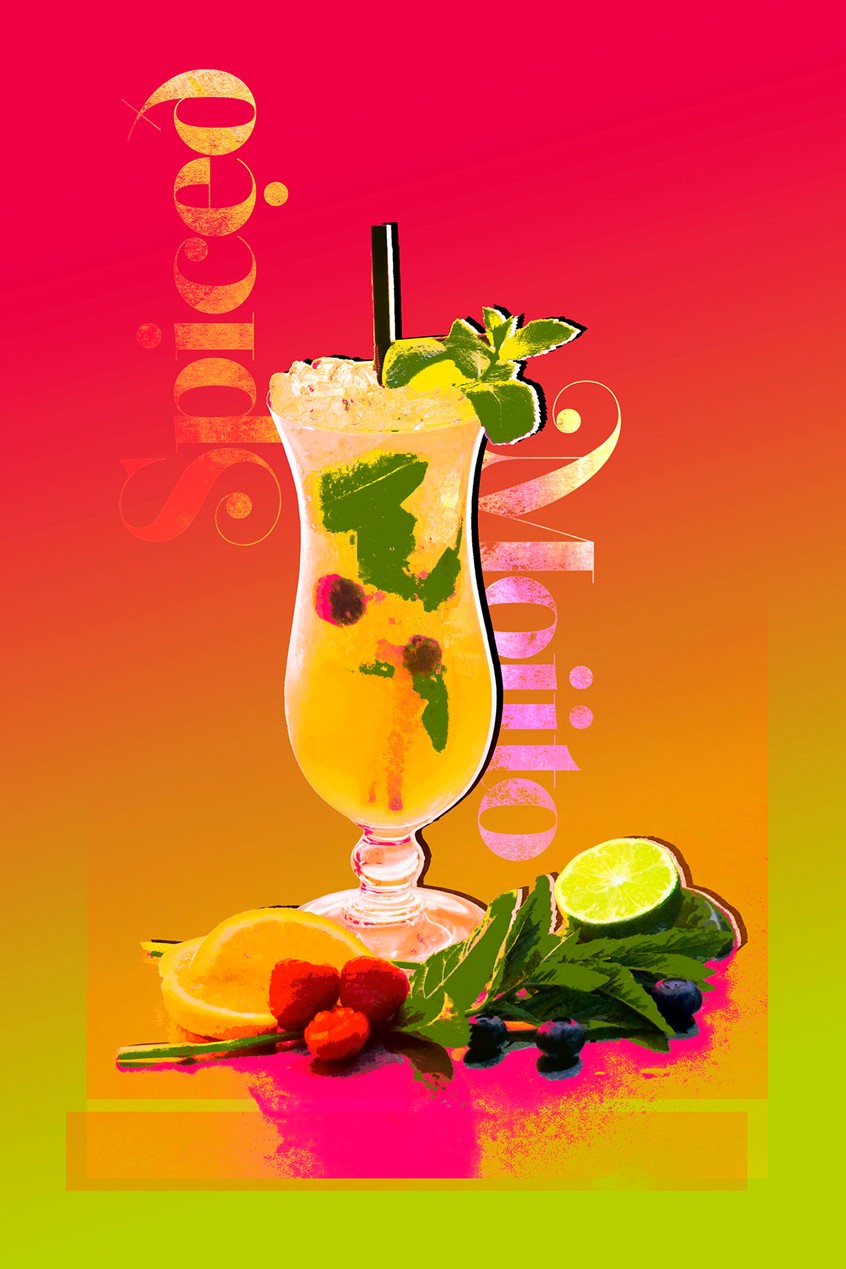 illustration of Digital mixed media: photographic manipulation & typographical illustration poster, capturing the essence of spiced Mojito cocktail.
lifestyle illustration now, image manipulation, mixed media, pop art, graphic design, typography, lettering, editorial, advertising, flat colour, contemporary, art, artistic, lifestyle, abstract, stylish, trendy, modern, fresh, vibrant, exciting, digital art, artistic, poster design, best illustration, print, illustrated, illustrative, food and drink, cocktail