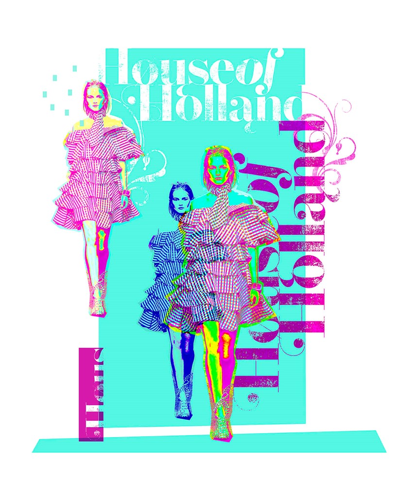 illustration of Digital mixed media: photographic manipulation & typographical illustration depicting abstract House of Holland runway.
fashion illustration now, image manipulation, mixed media, pop art, graphic design, stylish, typography, lettering, editorial, advertising, flat colour, contemporary, art, artistic, lifestyle, abstract, sassy, beauty, trendy, modern, fresh, vibrant, portrait, exciting, digital art, fashion artist, poster design, best illustration, print, illustrated, illustrative, collage
