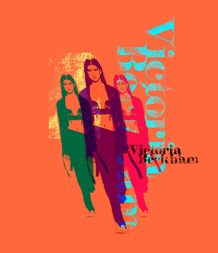 illustration of Digital mixed media: photographic manipulation & typographical illustration depicting an abstract Victoria Beckham runway.
fashion illustration now, image manipulation, mixed media, pop art, graphic design, typography, lettering, editorial, advertising, flat colour, contemporary, art, artistic, lifestyle, abstract, sassy, stylish, beauty, trendy, modern, fresh, vibrant, portrait, exciting, digital art, artistic, poster design, best illustration, print, illustrated, illustrative, collage
