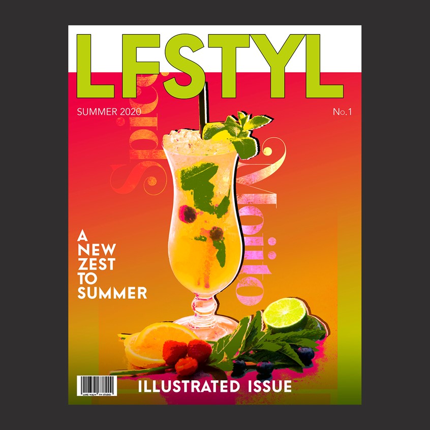 illustration of 'LFSTYL' contemporary lifestyle magazine front cover featuring a digital fashion illustration of a
glass of spiced mojito alcoholic beverage on a bright coloured background, surrounded by lemons, limes and mint.