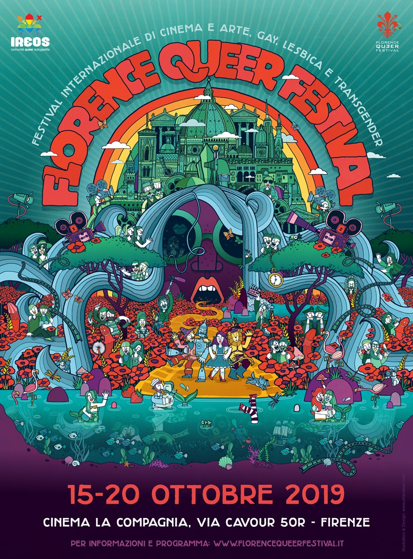 illustration of Poster for Florence Queer festival, a film and cultural festival held in the Italian city. The theme of the poster is the city of Florence featuring as the emerald city in a take on the Wizard of Oz story... a sort of film set featuring several nods to LGBTQ cinema dotted around the image.