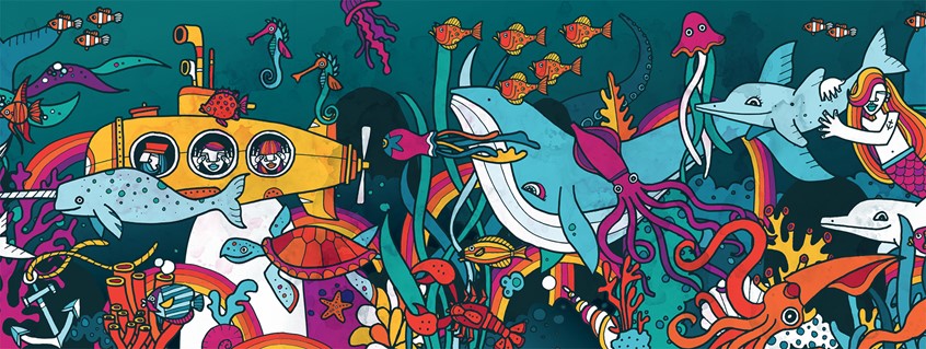 illustration of Illustration for children's publication Bonbek. An underwater scene featuring all the animals one would find under the ocean from Wales and sharks to mermaids, dolphins, octopus and many fish!