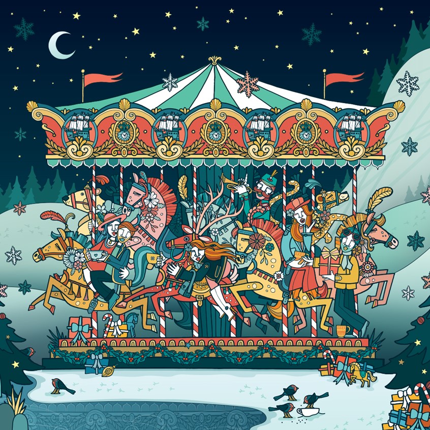illustration of Carousel - Part of Splendid Winterland project for Twinings Taiwan & Hong Kong. Many decorative horses and winter animals adorn the fairground ride in the snowy winter scene while romantic couples enjoy cups of warm tea and exchange gifts. Design used for marketing and on packaging.