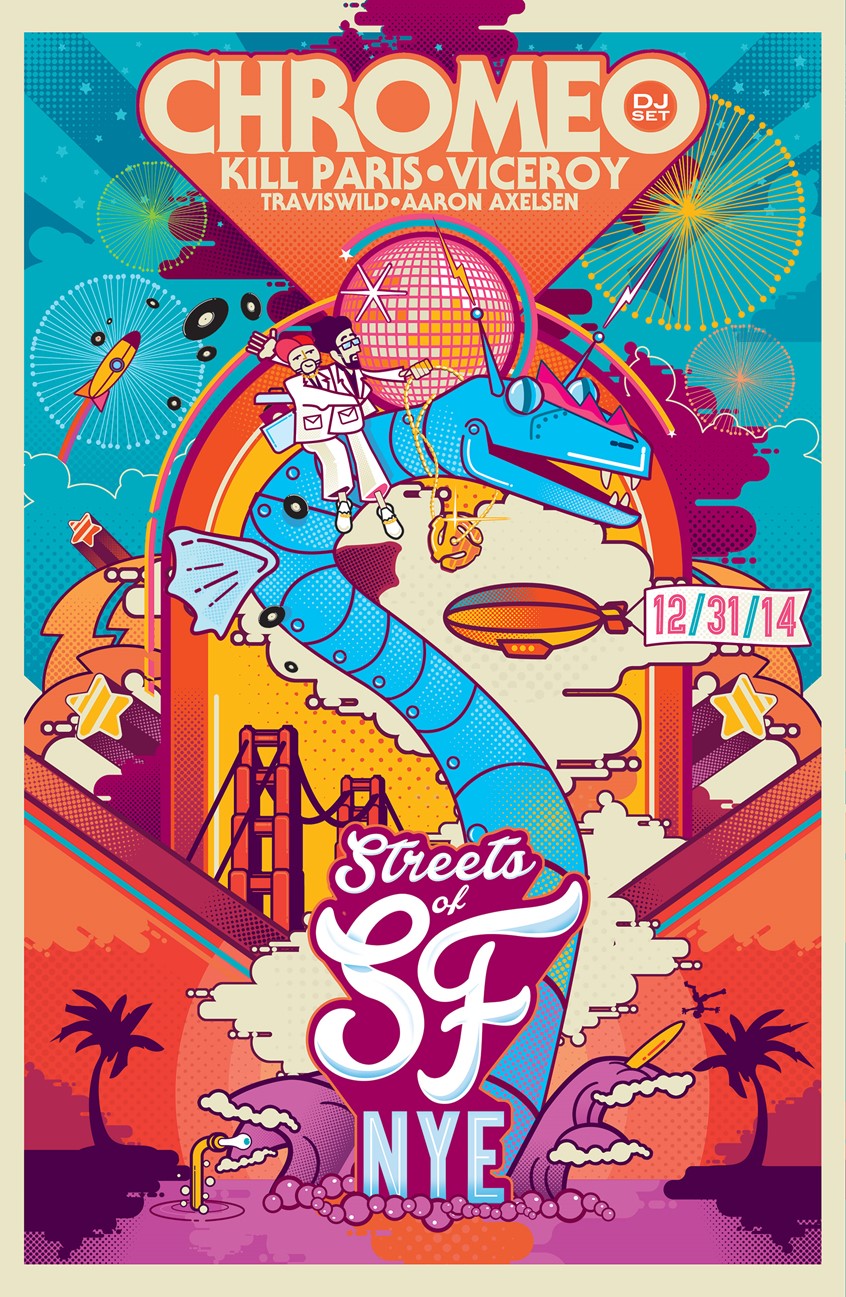 illustration of Chromeo illustration and typography for their DJ set at Streets of San Francisco New Years Eve in 2015.
Colors, Mechanical Serpent, Serpent, San Francisco, Chromeo, New Years Eve, California
