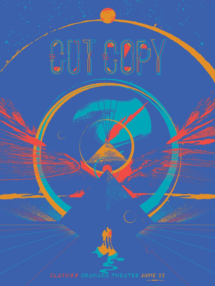 illustration of Abstract illustration and custom typography for screenprinted poster for Cut Copy's Dallas show in 2014. I wanted to depict summer of love utopianism crossed with a retro sci-fi feel.
Conceptual, Abstract, Psychedelic, Custom Type, Hippie, Pyramid, Horse, Sci-Fi