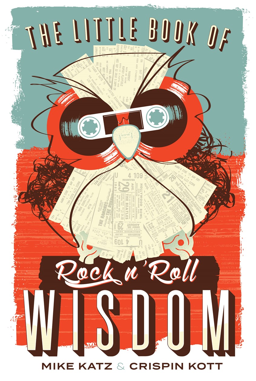 illustration of Collage-style illustration I made for The Little Book of Rock and Roll Wisdom 2018. I wanted to do a retro school workbook feel with the art.