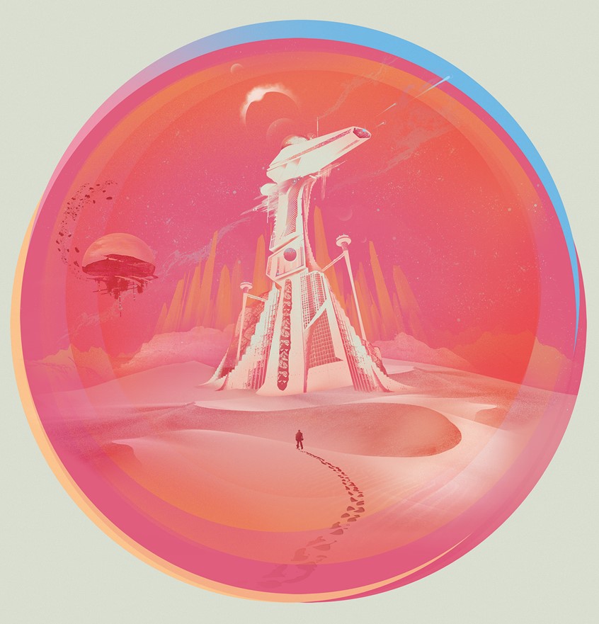 illustration of Illustration for back panel of Life in 24 Frames' 2017 album CTRL+Z. Done in a retro science fiction paperback style in a restrained color palette to express loneliness and distance.
Space, Science Fiction, Sci-Fi, Planets, Retro, 70s, Paperback, Spaceships