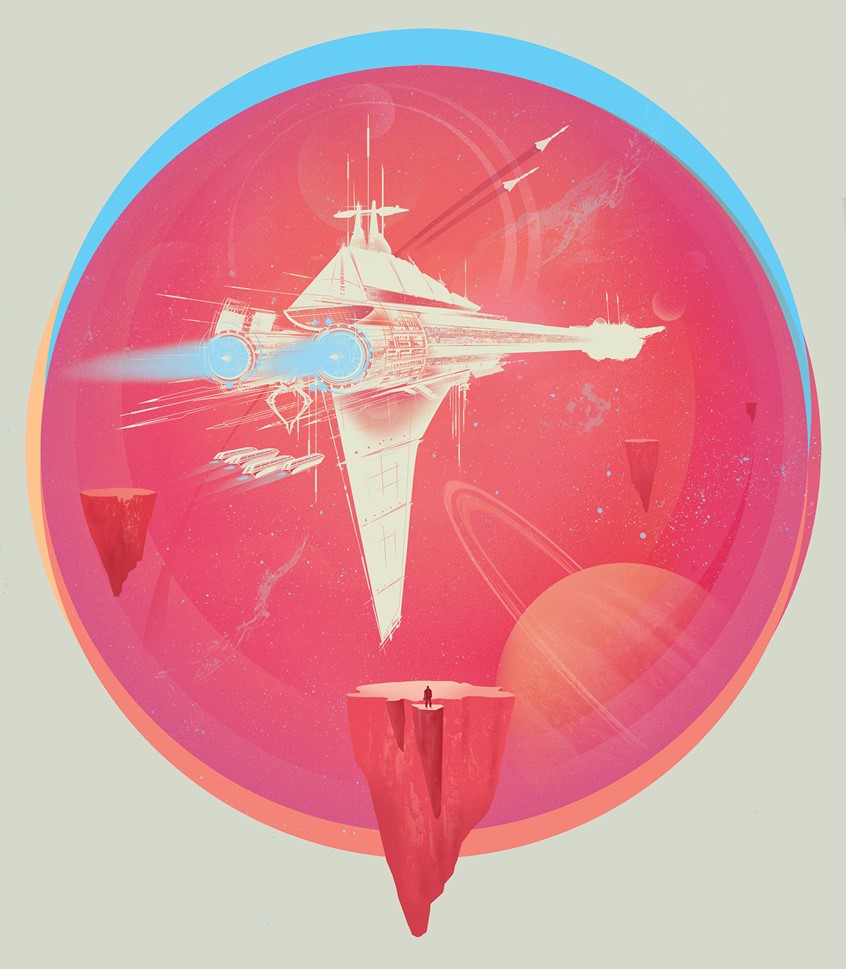 illustration of Illustration for front panel of Life in 24 Frames' 2017 album CTRL+Z. Done in a retro science fiction paperback style in a restrained color palette to express loneliness and distance.
Space, Science Fiction, Sci-Fi, Planets, Retro, 70s, Paperback, Spaceships