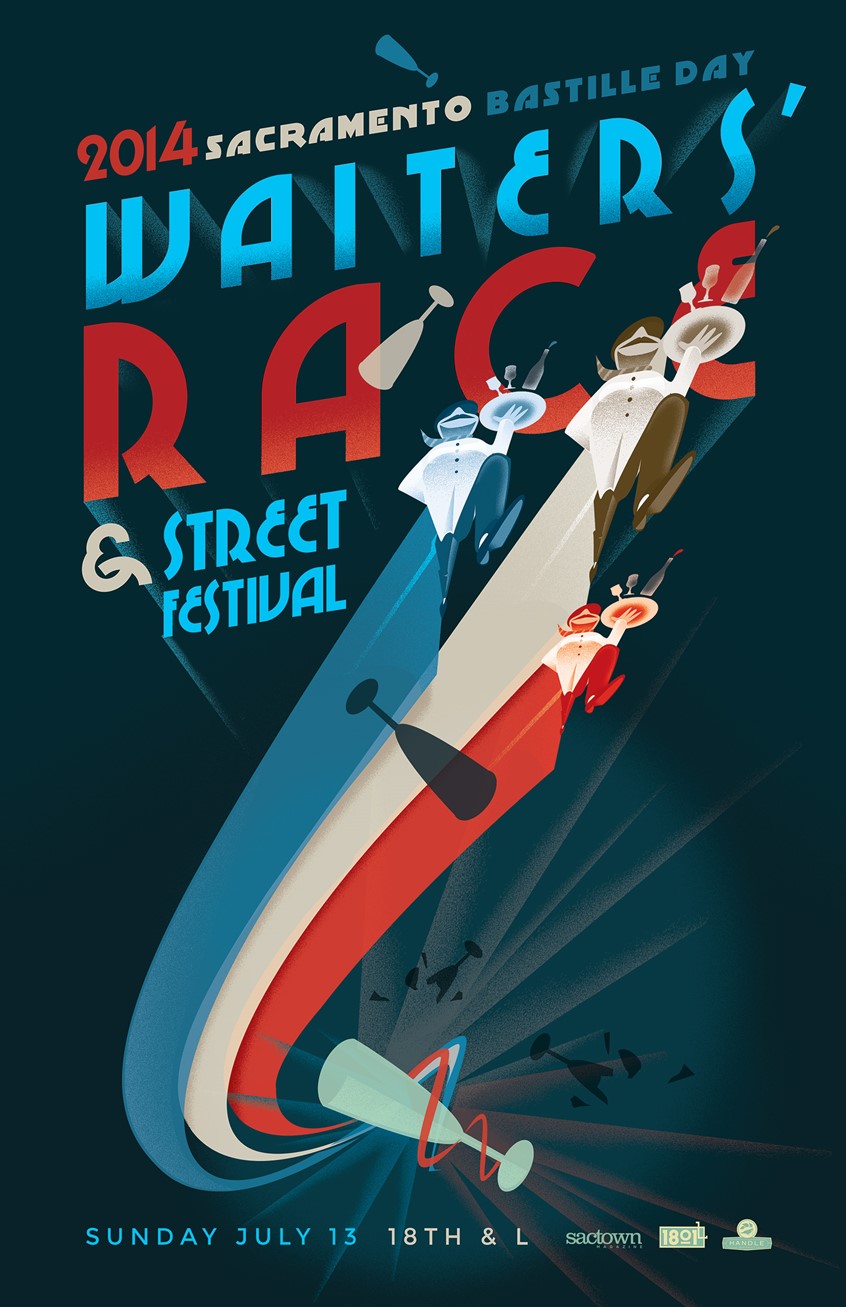 illustration of Illustration for the Sacramento Bastille Day Waiters' Race Poster 2014. I developed an archetypal french waiter character which became a kind of mascot for the event. I used him as an avatar to express the uniformity of the contests as they raced down the street. I also designed all the type. I've done these posters every year since the race's inaugural run in 2010.
French, Retro, Art Deco, Waiters, Bastille, Waiters Race,