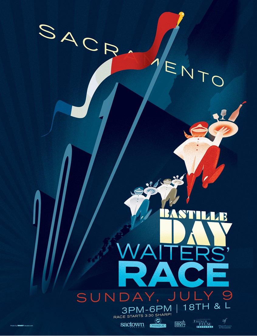 illustration of Illustration for the Sacramento Bastille Day Waiters' Race Poster 2017. I developed an archetypal french waiter character which became a kind of mascot for the event. I used him as an avatar to express the uniformity of the contests as they raced down the street. I also designed all the type. I've done these posters every year since the race's inaugural run in 2010.
French, Retro, Art Deco, Waiters, Bastille, Waiters Race,
