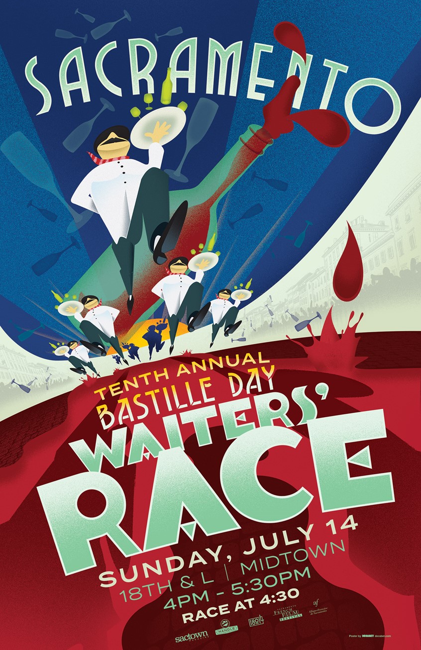 illustration of Illustration for the Sacramento Bastille Day Waiters' Race Poster 2019 I developed an archetypal french waiter character which became a kind of mascot for the event. I used him as an avatar to express the uniformity of the contests as they raced down the street. I also designed all the type. I've done these posters every year since the race's inaugural run in 2010.
French, Retro, Art Deco, Waiters, Bastille, Waiters Race,