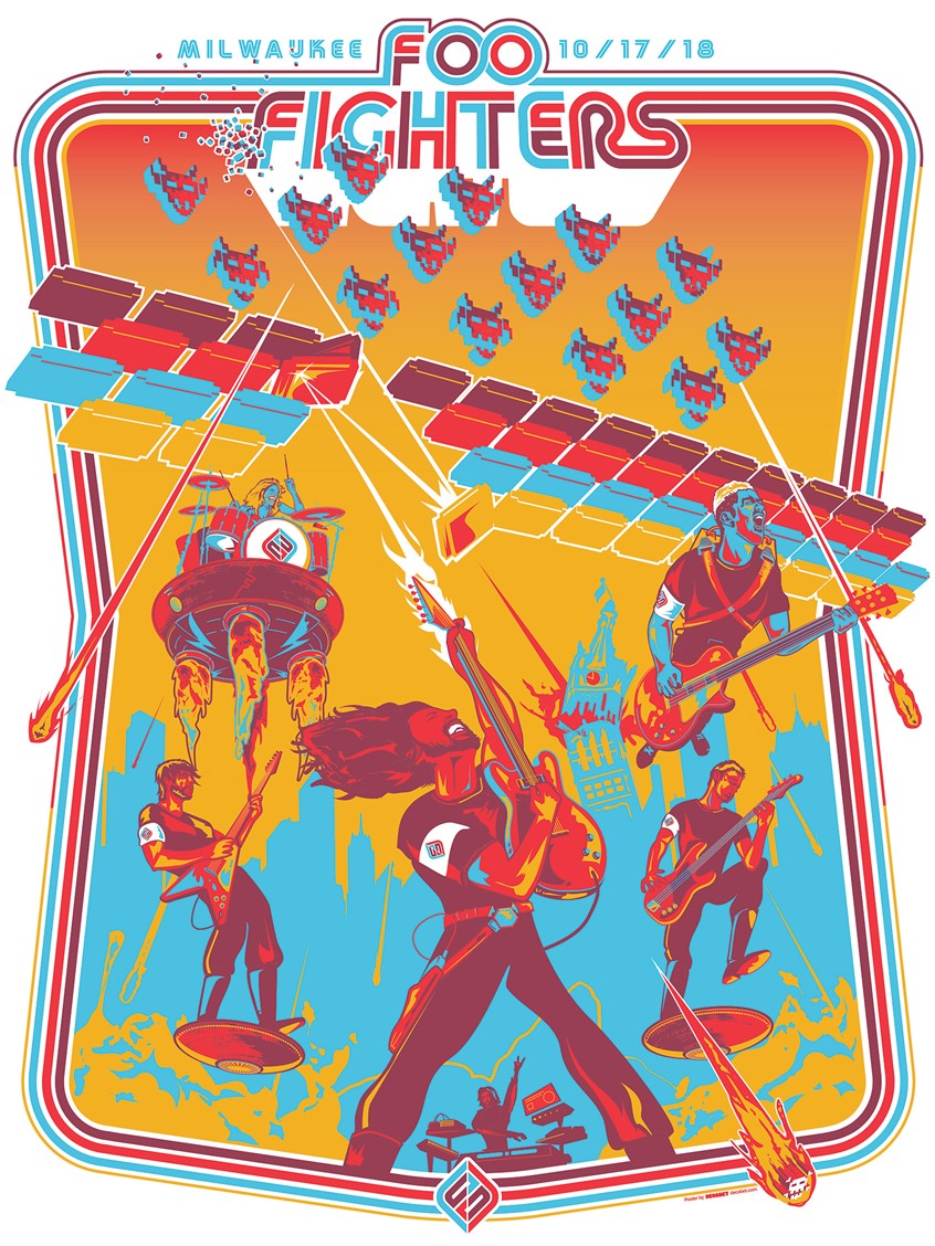 illustration of I designed and illustrated this poster for Foo Fighter's 2018 show in Milwaukee. As I was really into Tim Lapetino's Art of Atari book at the time I wanted to do something in the vein of a classic arcade game cabinet. I illustrated the band defending Milwaukee from demonic space invaders with the power of rock.
Fun fact: 500 of these sold out at the show before the opener took the stage.
Foo Fighters, Dave Grohl, Milwaukee, Arcade, Atari, Space Invaders, Video Games
