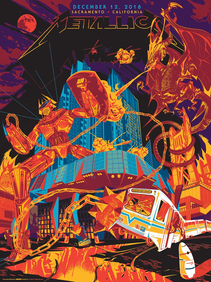 illustration of Illustrated concert poster I designed for Metallica's 2018 appearance in Sacramento. The concept is that no matter how much one loves their hometown they also would like to see it blown up. The composition is bananas to that end, with a giant robot defending the arena from a fire breathing dragon while chaos rains down all around an the band continues playing inside.
Metallica, California, Sacramento, Northern California. Metal, Dragon, Mace, Light Rail, Apocalypse