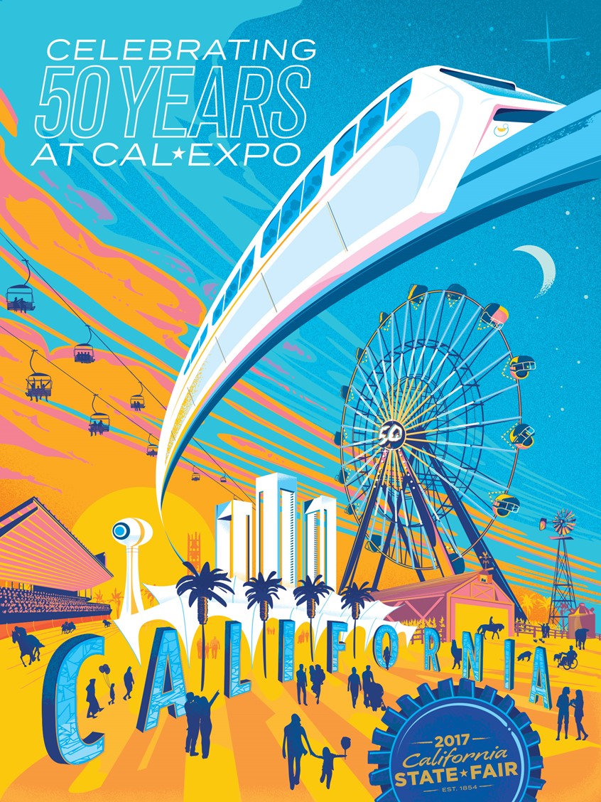 illustration of In 2017, the California State Fair celebrated its 50th anniversary at its current location: CalExpo in Sacramento. This poster was designed to pay homage to classic Disneyland attraction posters while also playing up aspects of the fair and it's location as its moved from the past into the future.
California State Fair, State Fair, California, Disney, Disneyland, Sacramento, CSF, Monorail, Ferris Wheel,
