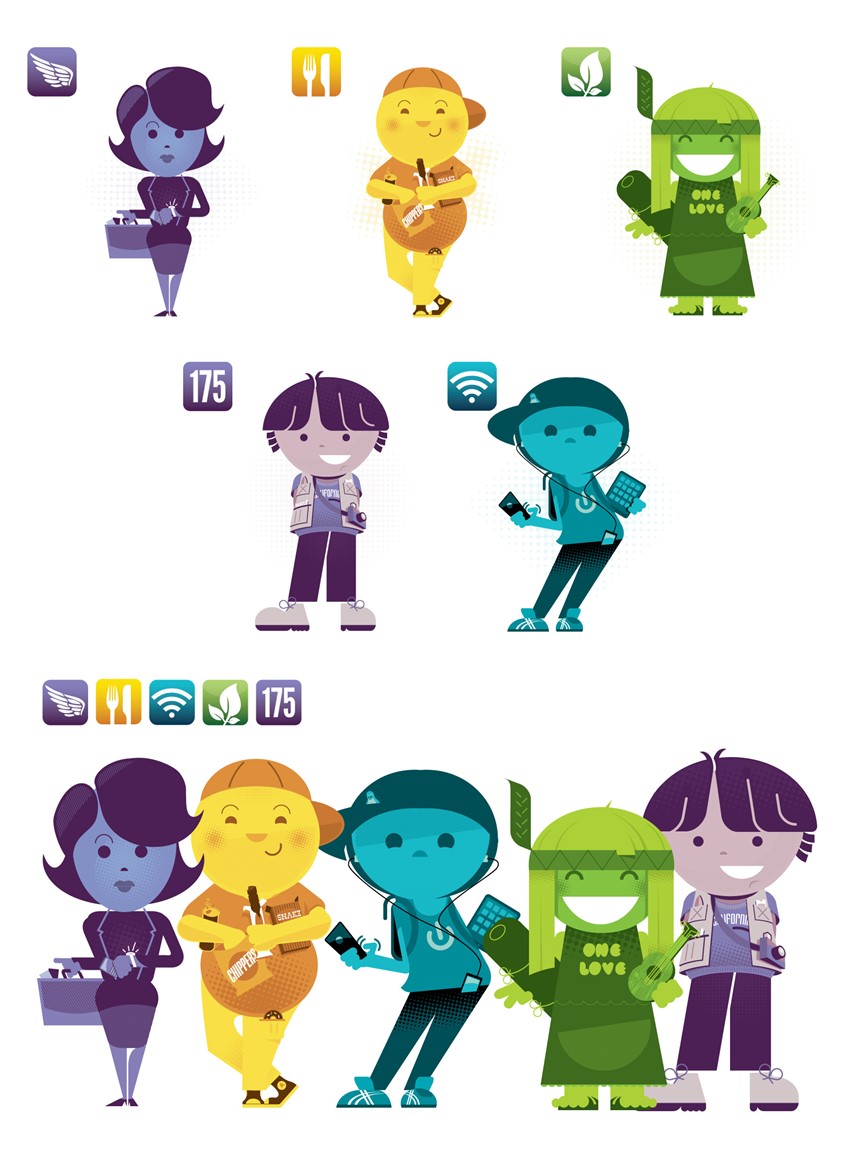 illustration of Amtrak wanted some characters to express the different amenities they offer and how those amenities would be attractive to different lifestyles: a Businessperson, a Snacker, an Environmentally Conscious Rider, A Traveler, and a Wifi-addicted Gadget Freak.
Each was color coded to their respective icon and I employed a simple style with minimalist curves and and to Mary Blair.
Amtrak, Trains, Train Travel, Cartoon, Mary Blair, Vintage, 50s, Retro