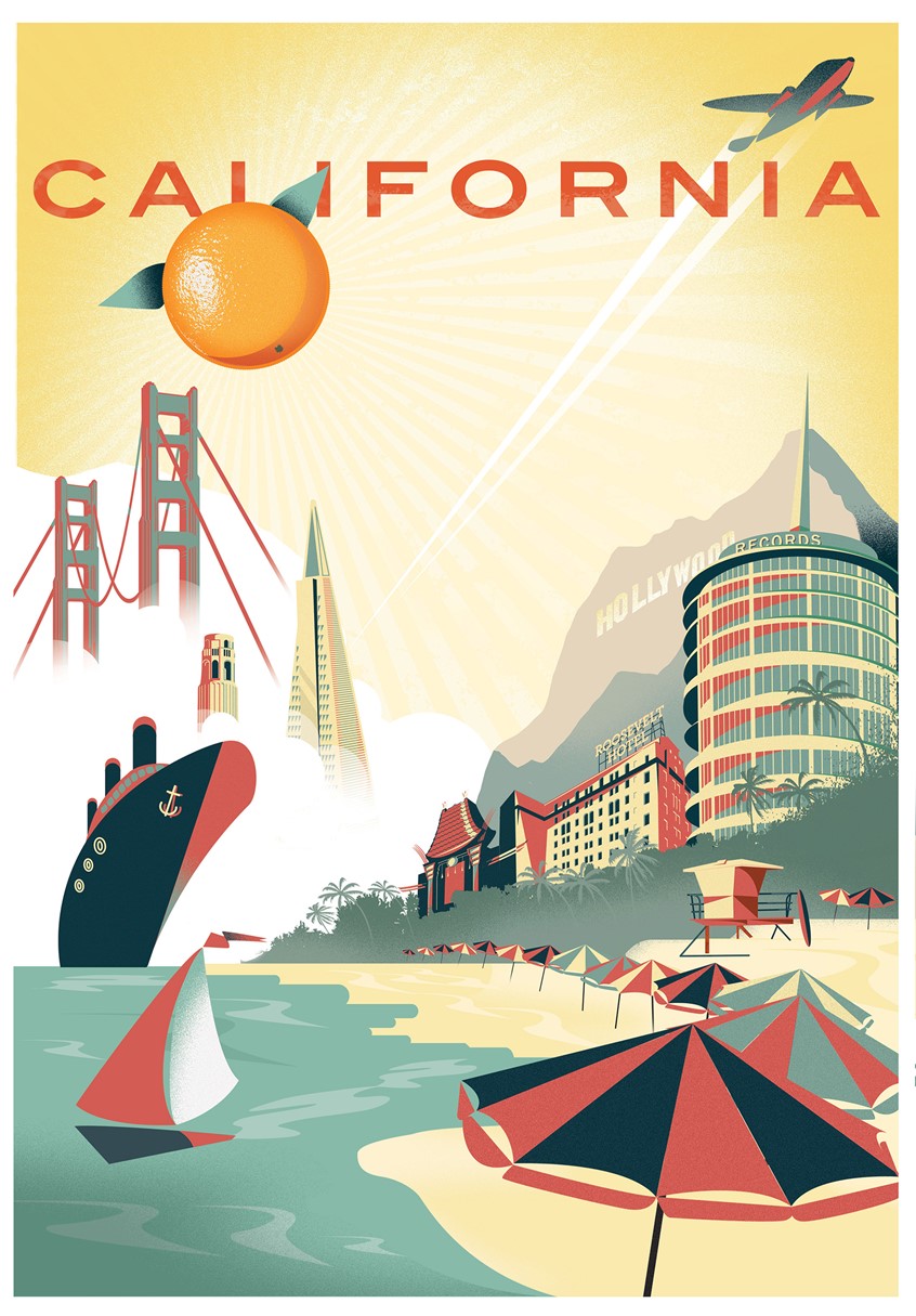 illustration of This is a quasi-vintage travel poster I did back when I worked for a digital agency in 2015 as a trade show premium item.
California, Travel, Tourism, Vintage, Retro, San Francisco, Hollywood, Beach, Ships, Sailing, Oranges, Sunshine, Citrus, Mann's Chinese Theater, Roosevelt Hotel, Capitol Records Building, Surf, Sun, Sand, Ocean