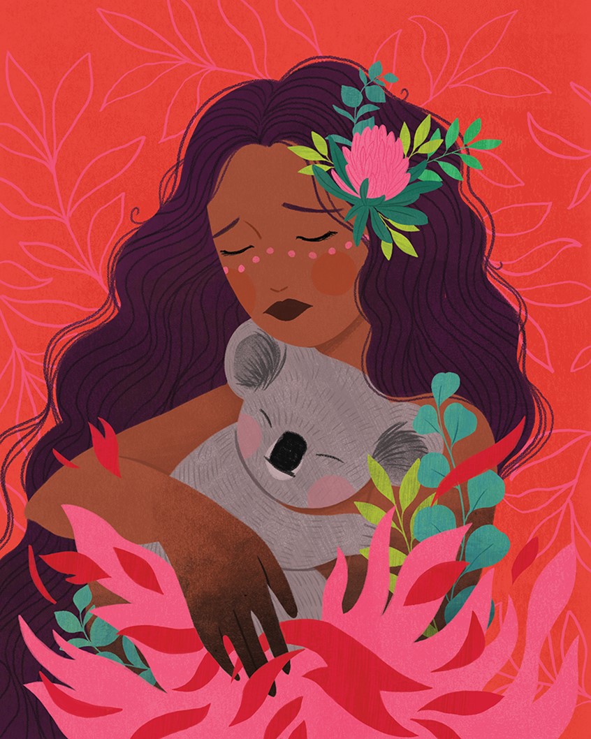 illustration of Raising awareness for the wild bush fires in Australia. WWF, koala, aboriginal, eucalyptus, pattern, earth, women, leaves, texture, conceptual, compassion, empathy.