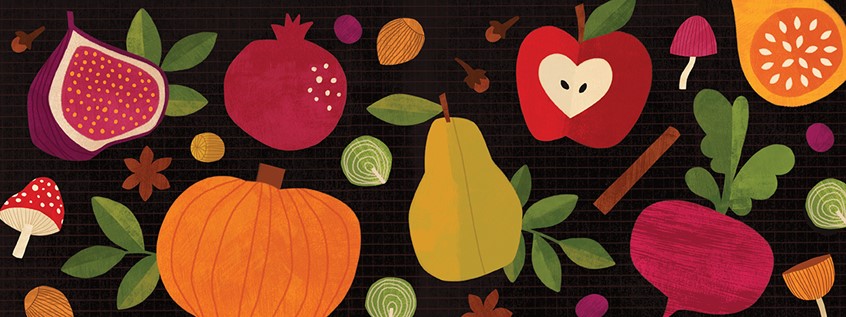 illustration of Geometric food shapes. Apples, pomegranate, pear, pumpkin, clove, spice, fig, mushroom, cookbook, recipe, fruits, vegetables, autumn, fall, produce, garden, gardening.