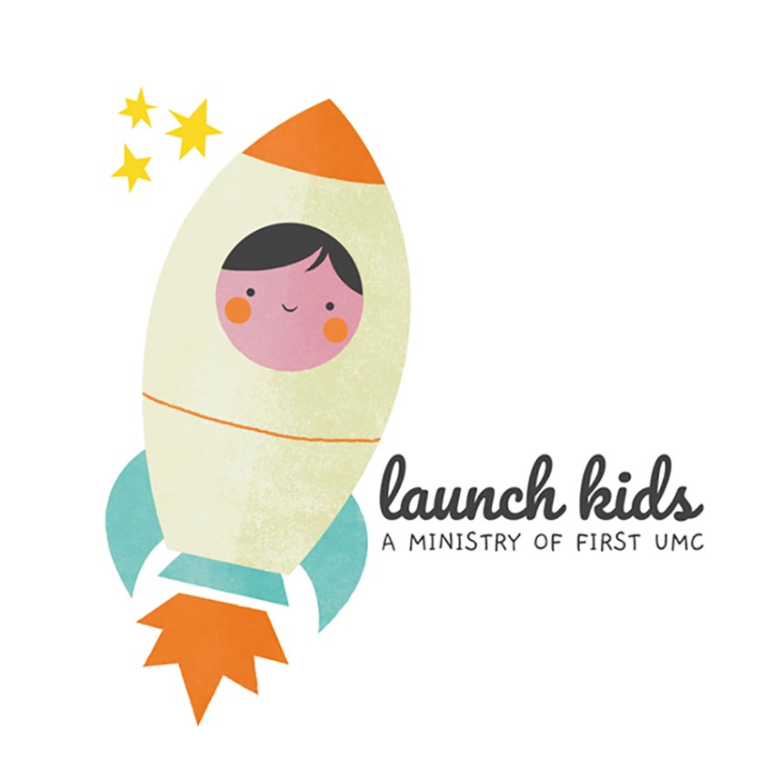illustration of Logo design for First United Methodist Church and their new children's ministry program. Child, space, astronaut, rocket, stars, outer space, graphic design, branding,