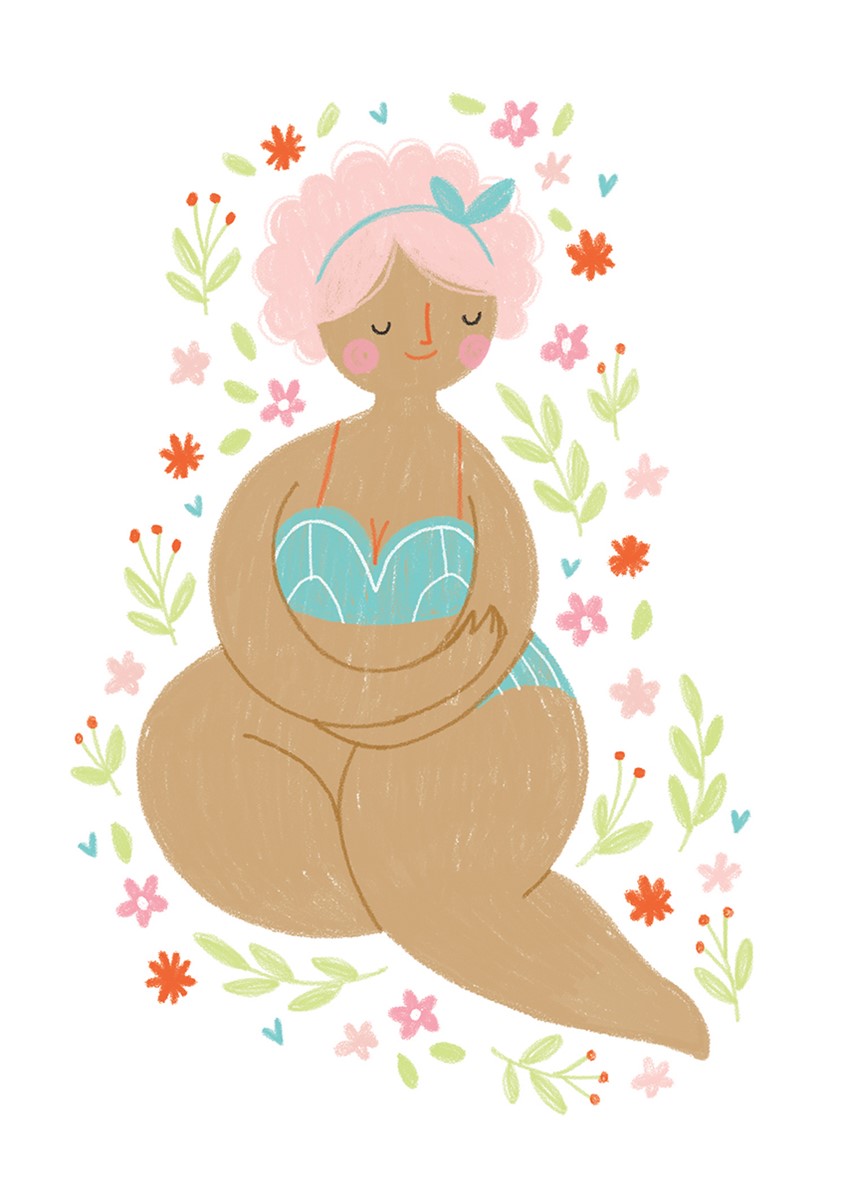 illustration of This is a piece from a 3 part series I created for body positivity. Love, happy, woman, female, body, smile, floral, pink, blue, brown, curvy, plus size, fashion, editorial.