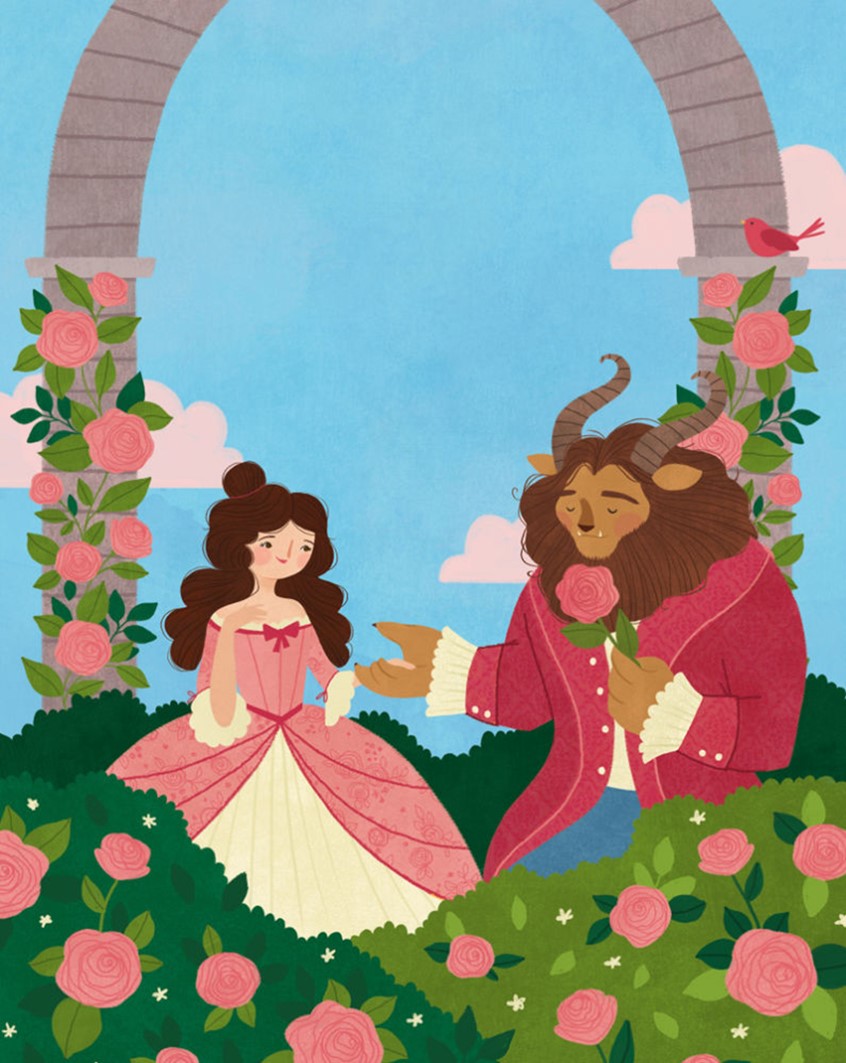 illustration of This is an illustration from The Beauty and the Beast children's book I illustrated. Fairy tale, bird, rose, princess, prince, garden, pink, love, couple.